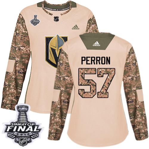 Adidas Golden Knights #57 David Perron Camo Authentic Veterans Day 2018 Stanley Cup Final Women's Stitched NHL Jersey